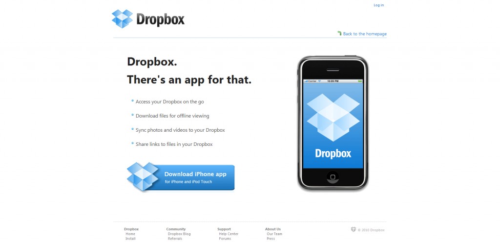 dropbox dropbox 1024x496 100 Wonderfully Designed iPhone App Websites