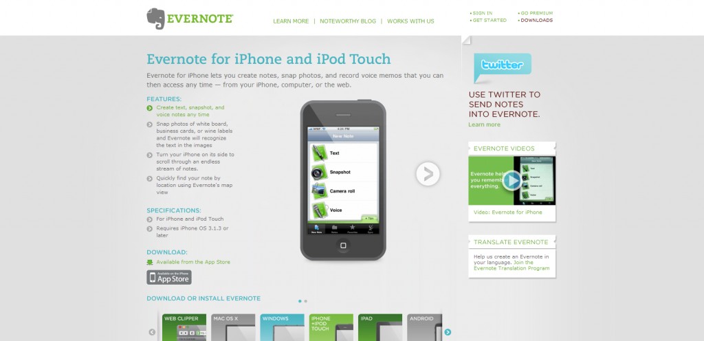 evernote evernote 1024x496 100 Wonderfully Designed iPhone App Websites