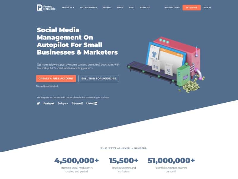 Social media management platform with a set of tools to manage multiple accounts, create marketing content, schedule it in advance and analyze results of your social media efforts in one place.