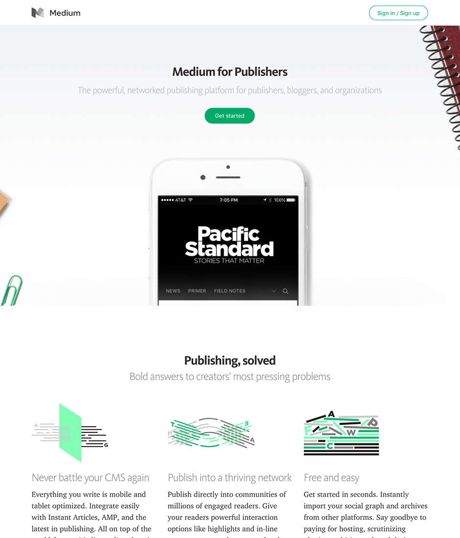 Medium for Publishers Product Landing Page