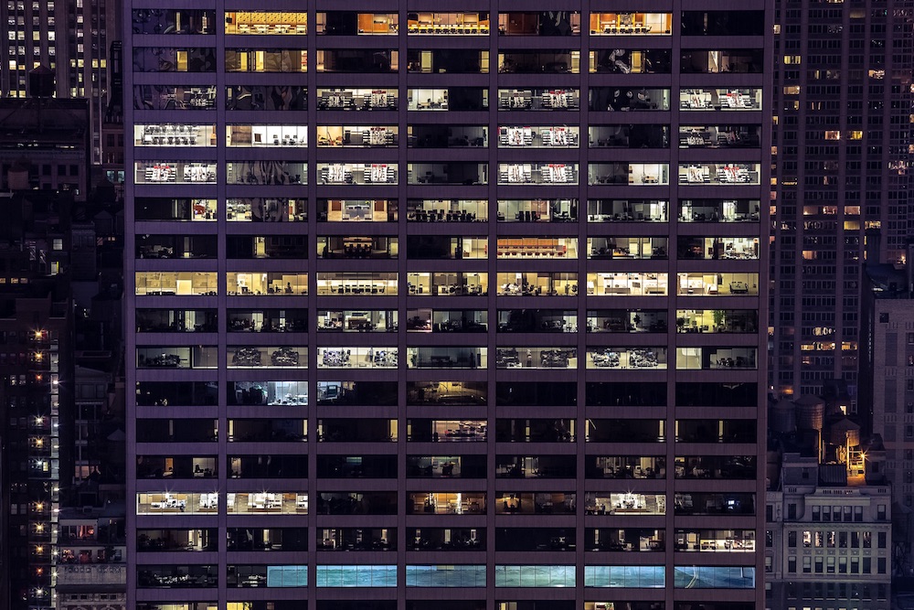 NYC office building at night