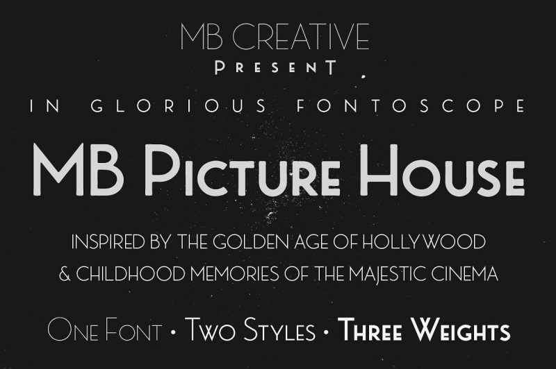 Small caps art deco font inspired by the golden age of Hollywood and childhood trips to the Majestic Cinema. Two styles, each with three weights. Picture House One is sharp and crisp, Picture House Two has a slightly ‘Out of Focus’ look to it. 