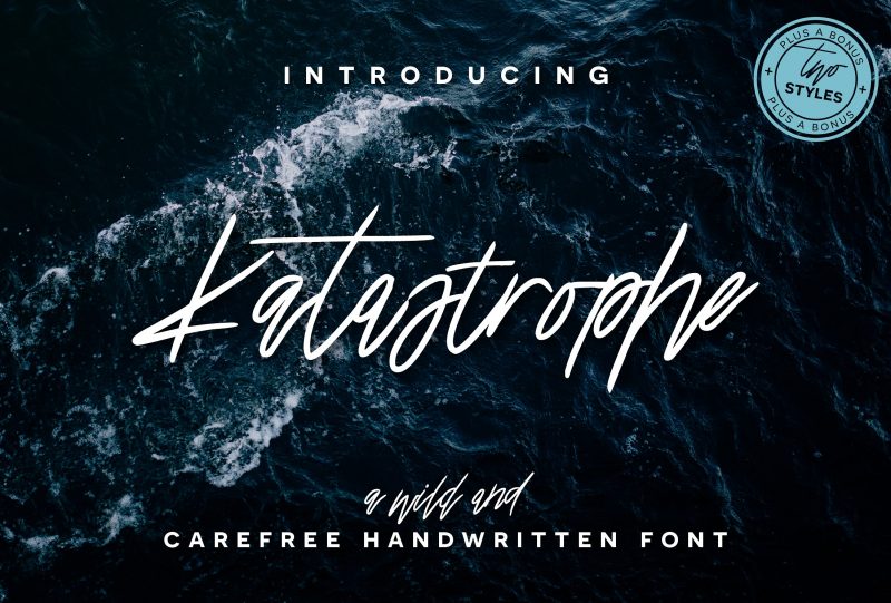 Katastrophe is a wild & carefree script font with a playful baseline and a full set of bonus alternate characters! Perfect for prints, invitations, greeting cards, typography quotes, branding, and more!