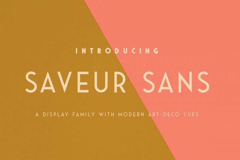 Saveur Sans is inspired by art deco and French cafes. This display family has clean, simple letterforms that feel modern but at the same time have a retro, art-deco styling. This family can add a sophistication to any layout whether it be print or online.