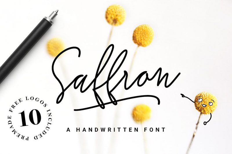 Saffron is a trendy and unique handwritten font. Its characteristic flow and signature style makes it perfect to use for logos, signatures, quotes, badges, labels, packaging design, blog headlines or simply use it in your next design project.