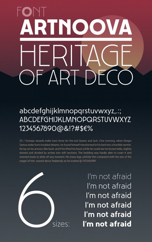 Artnoova Font is a legacy of the famous styles Art Deco and Art Nouveau.