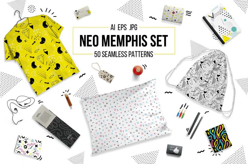 50 memphis seamless patterns set