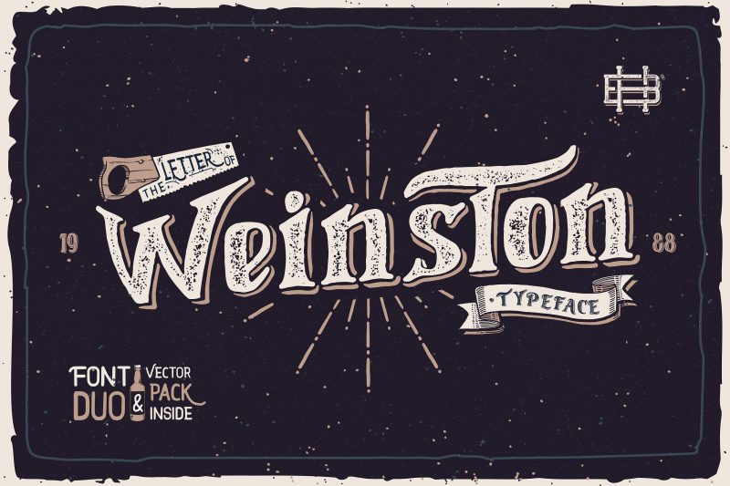 Weinston Typeface presented from Heybing Supply Co, Dual-purpose font, with authentic hand made characters and an irregular baseline, a casual, arty and inky, also come with vector element and badges as free extras so it will capable to make a lot of design styles.