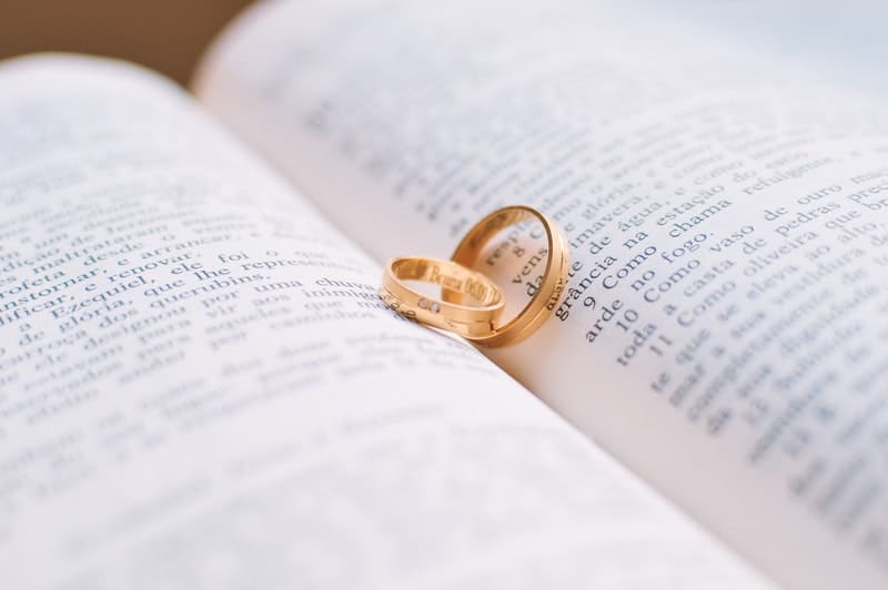 wedding rings laying on top of a novel book