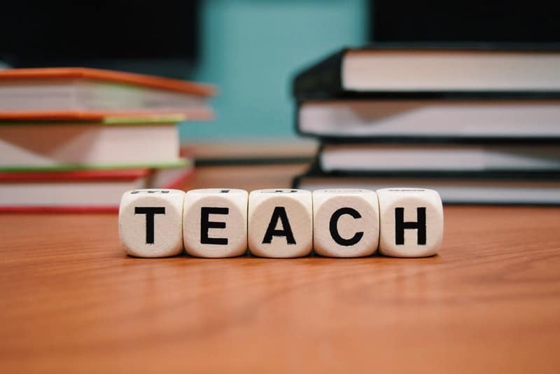 teach spelled out with small wooden blocks