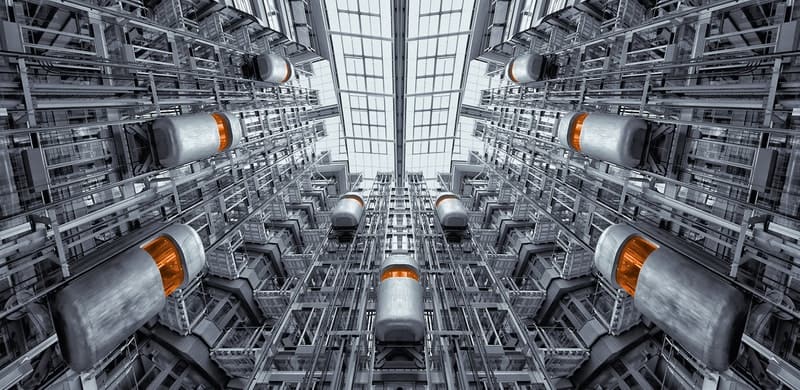 technological futuristic factory looking up