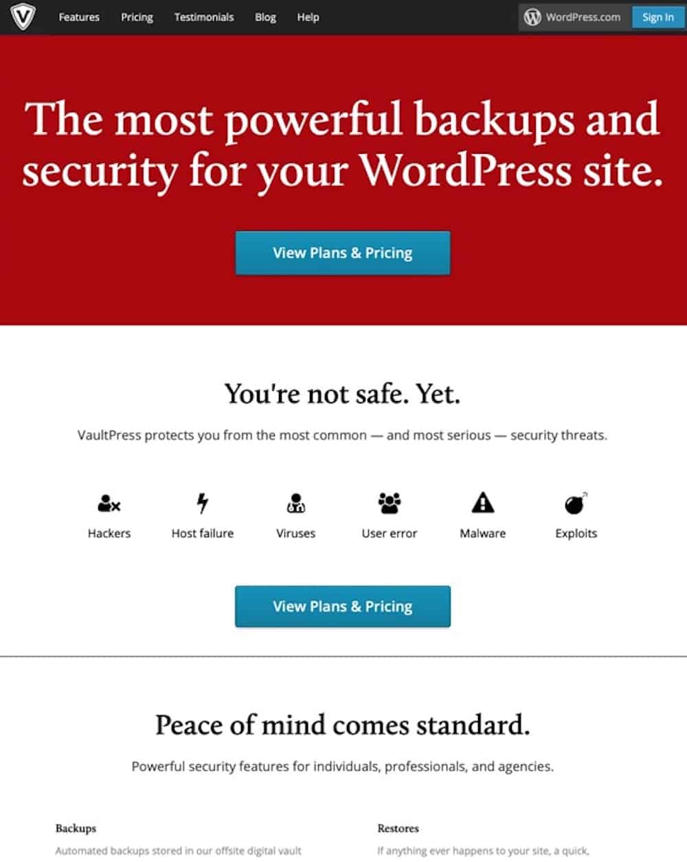 VaultPress is a subscription-based protection, security and backup service for WordPress blogs and sites. Built on the same Automattic grid that serves over 32 million WordPress.com blogs and 330 million monthly visitors, VaultPress secures your site.
