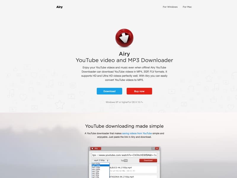 Airy helps to download videos from YouTube in different format types and resolutions for Mac and Windows