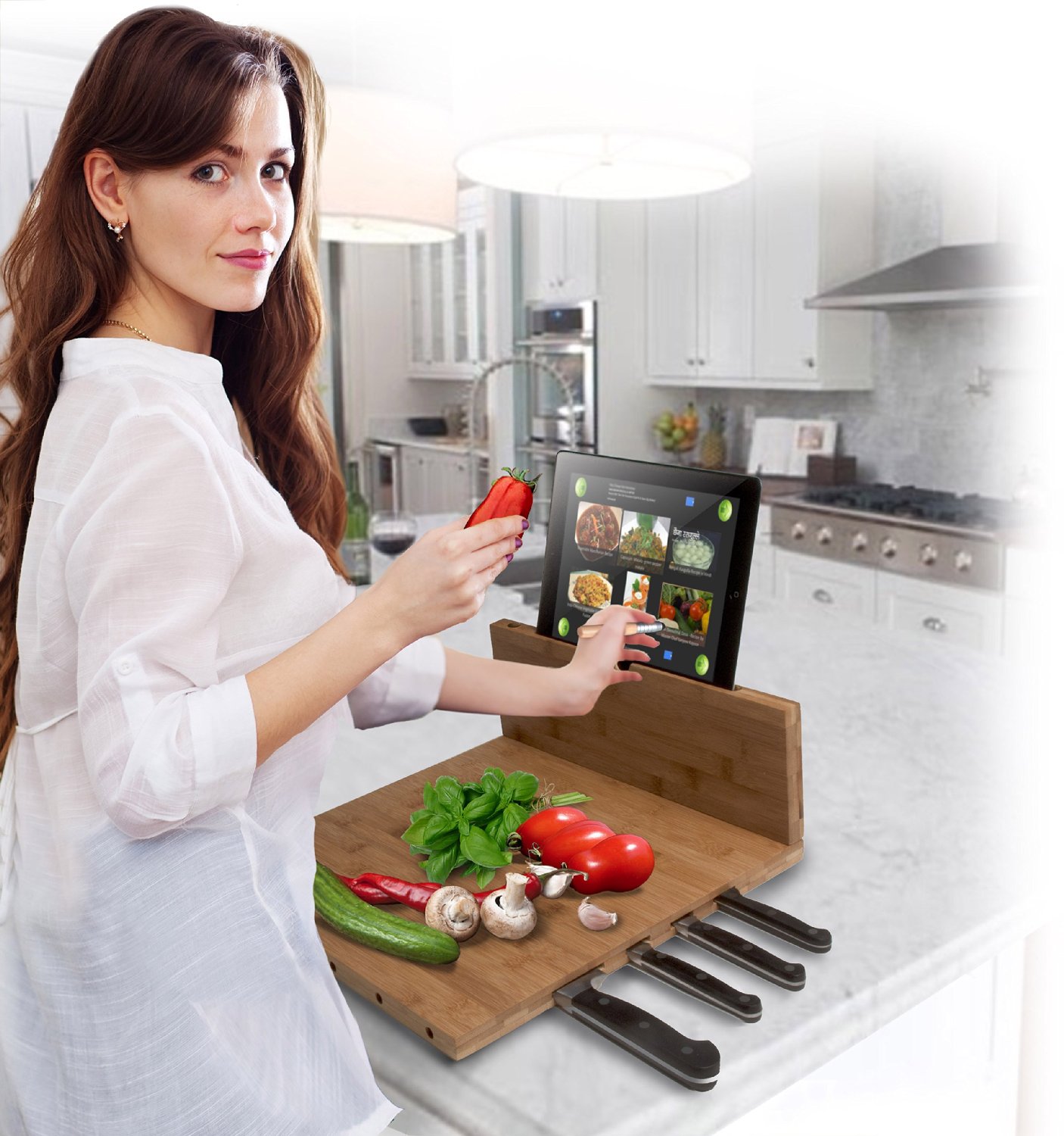 Bamboo Cutting Board with iPad Stand, Stylus and Knife Storage