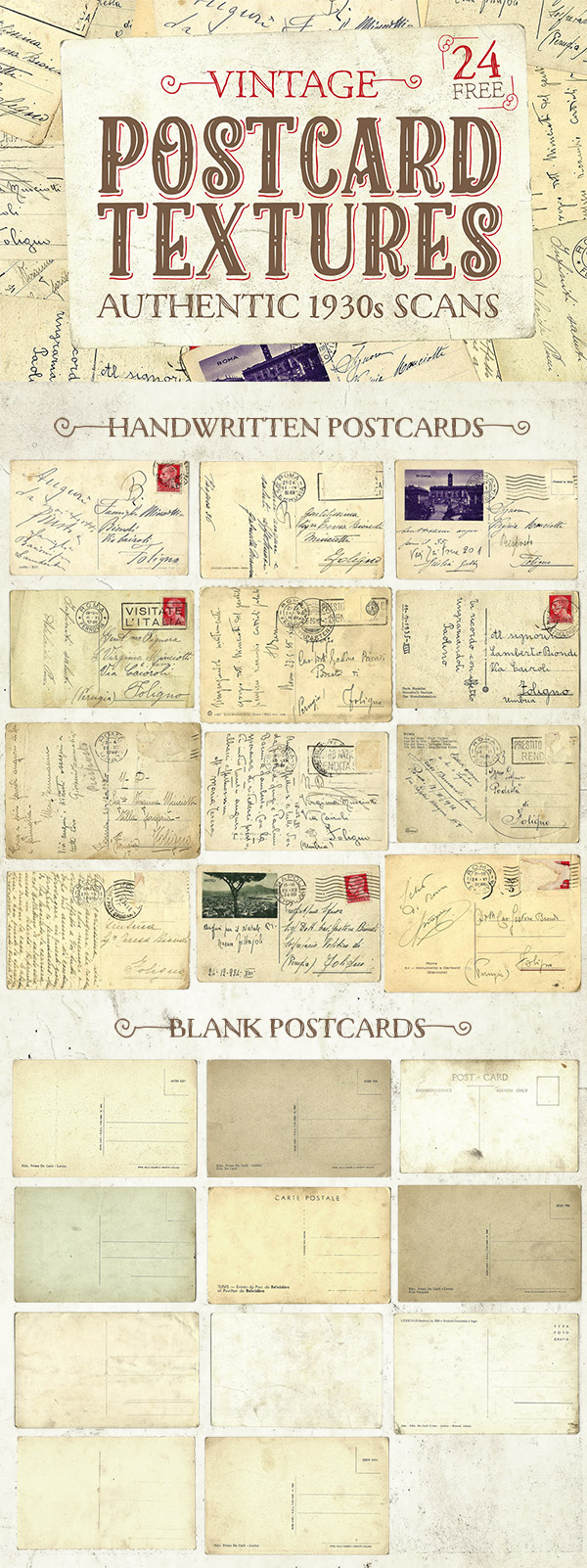 24 Free Authentic 1930s Vintage Postcard Textures