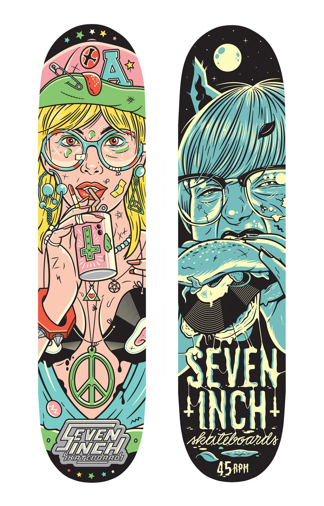 “Girl with glasses” skateboard decks made by Rami Niemi for Seven Inch Skateboards