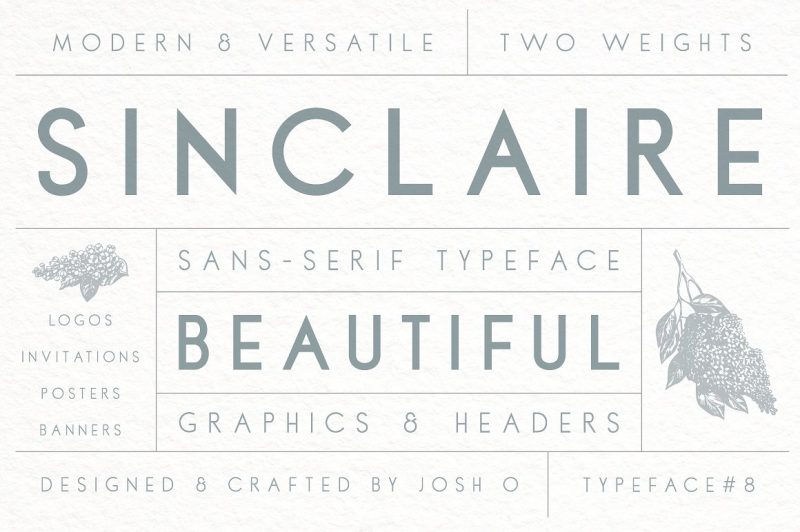 Create beautiful logos, wedding invitations, headers and more with Sinclaire, a classic and versatile sans-serif typeface with an Art Deco style.