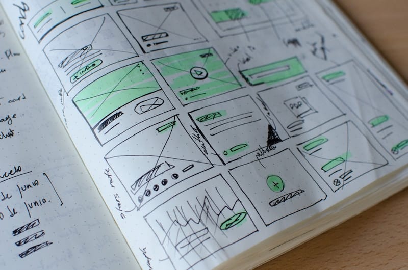 Wireframes drawn inside a notebook