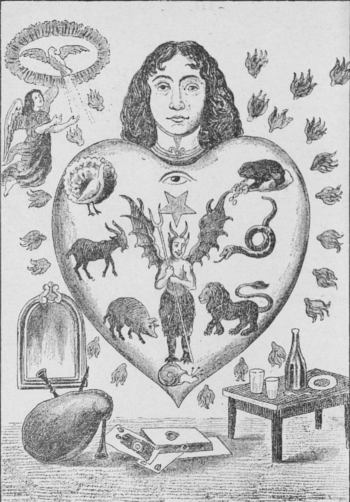 An allegorical image depicting the human heart subject to the seven deadly sins