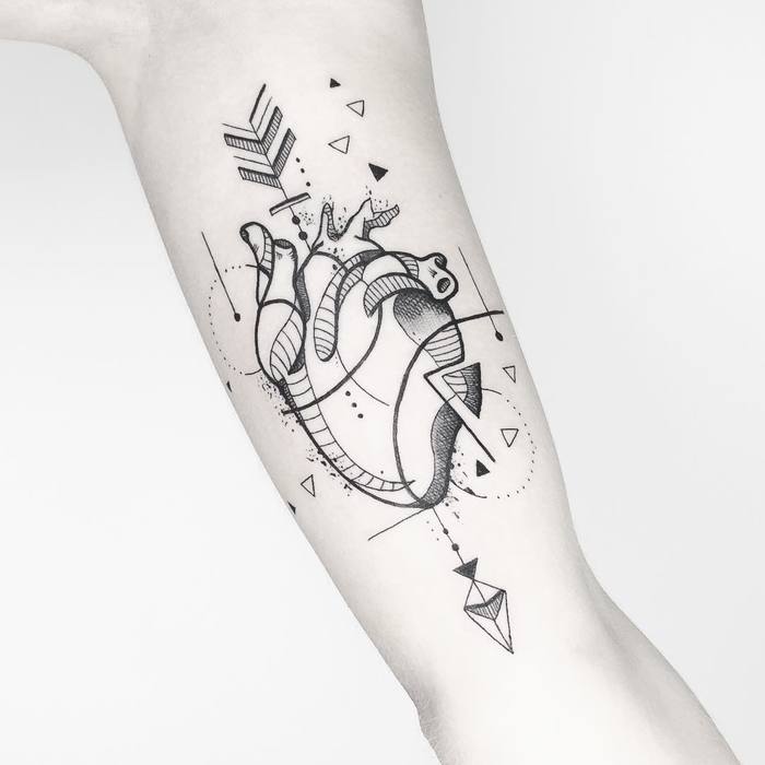 Small Red Heart And Heartbeat With Music Notes Tattoo On Right Arm