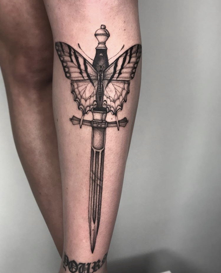 Butterfly dagger shin bomb by Cory Craft  rtraditionaltattoos