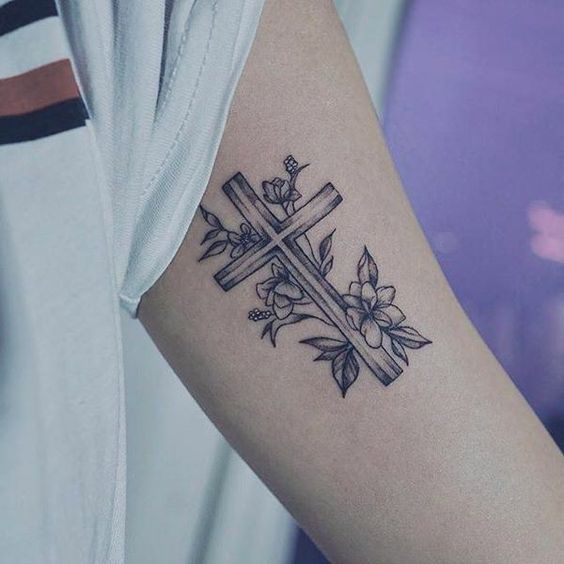 Elegant Lily Flower Cross Tattoo Idea