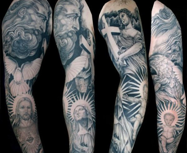 Religious Jesus And angel Sleeve Tattoo