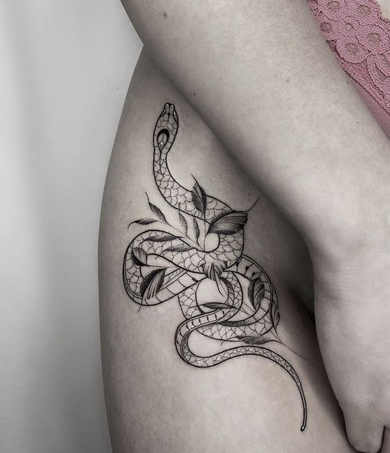 Peonies And Snake On A Thigh by picsola  Tattoogridnet