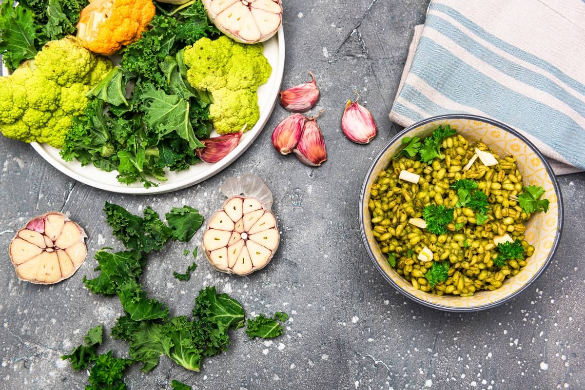 Bucketwheat Groats with Kale and Garlic. Healthy Plant Based Vegetarian Diet.