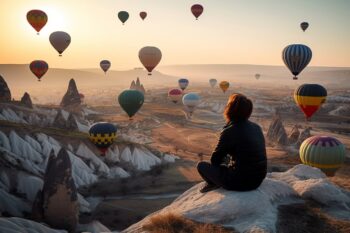 Woman Watching Hot Air Balloons in Turkey During Sunset